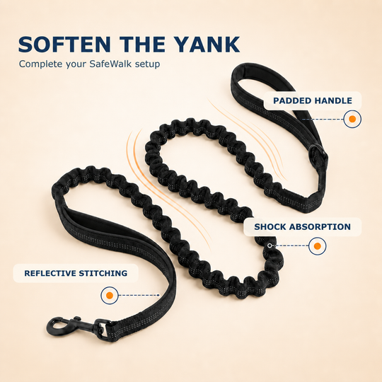 SafeWalk shock-absorbing bungee leash with padded handles, reflective stitching, and shock absorption