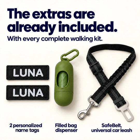 Kit extras: two personalized LUNA name tags, a green bag dispenser with bags and a black SafeBelt car seat belt