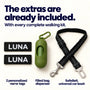 Kit extras: two personalized LUNA name tags, a green bag dispenser with bags and a black SafeBelt car seat belt