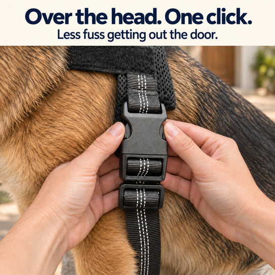 Hands fastening the side-release buckle of a SafeWalk harness on a dog