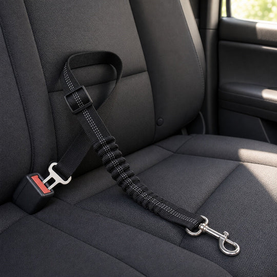 SafeBelt dog car seat belt installed on a rear seat with the buckle visible