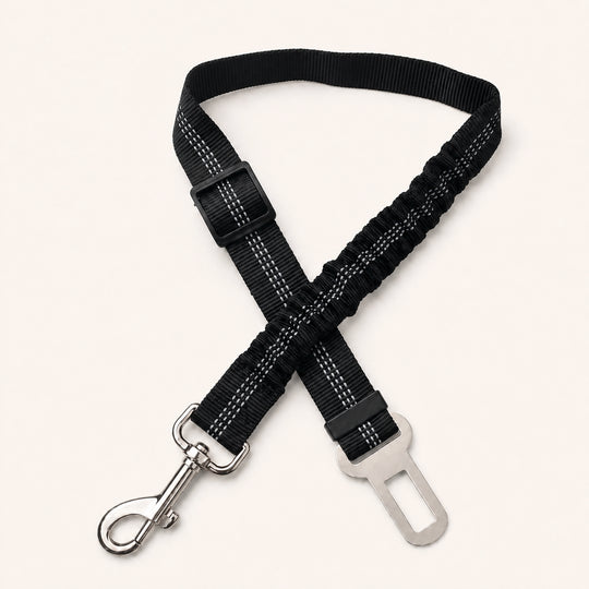 Black SafeBelt adjustable dog car seat belt on a warm cream background