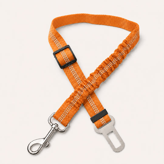 Orange SafeBelt adjustable dog car seat belt on a warm cream background