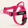 Pink SafeWalk No-Pull 2.0 harness with LUNA name patch on a warm ivory background