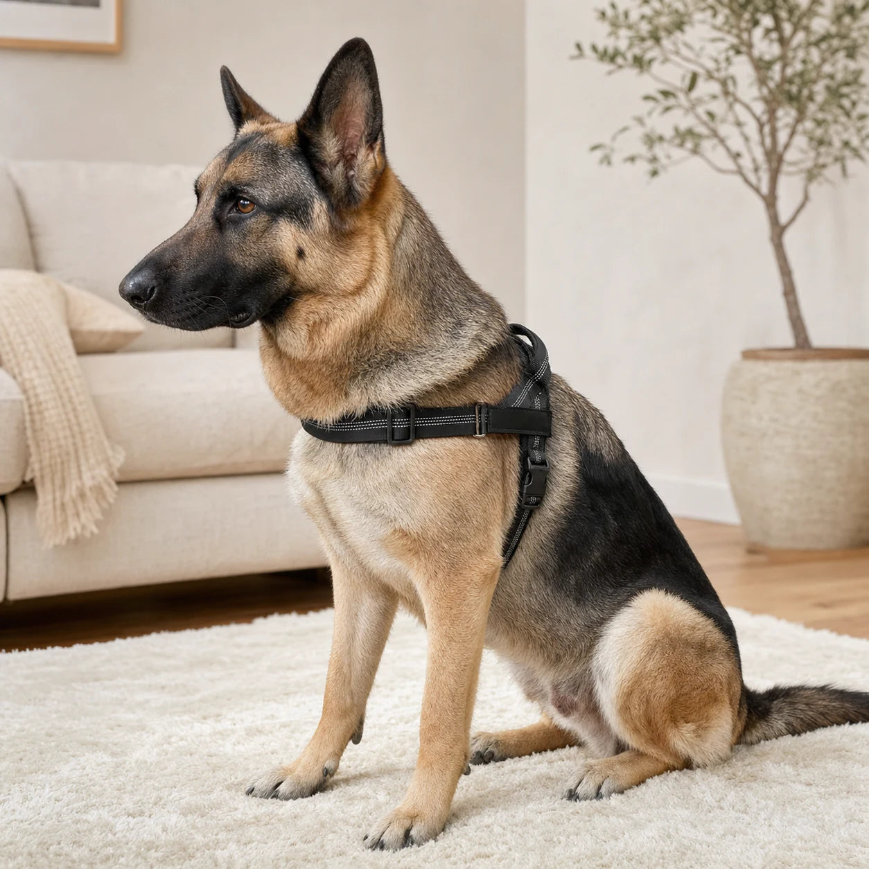 German Shepherd sitting at home in a black SafeWalk harness