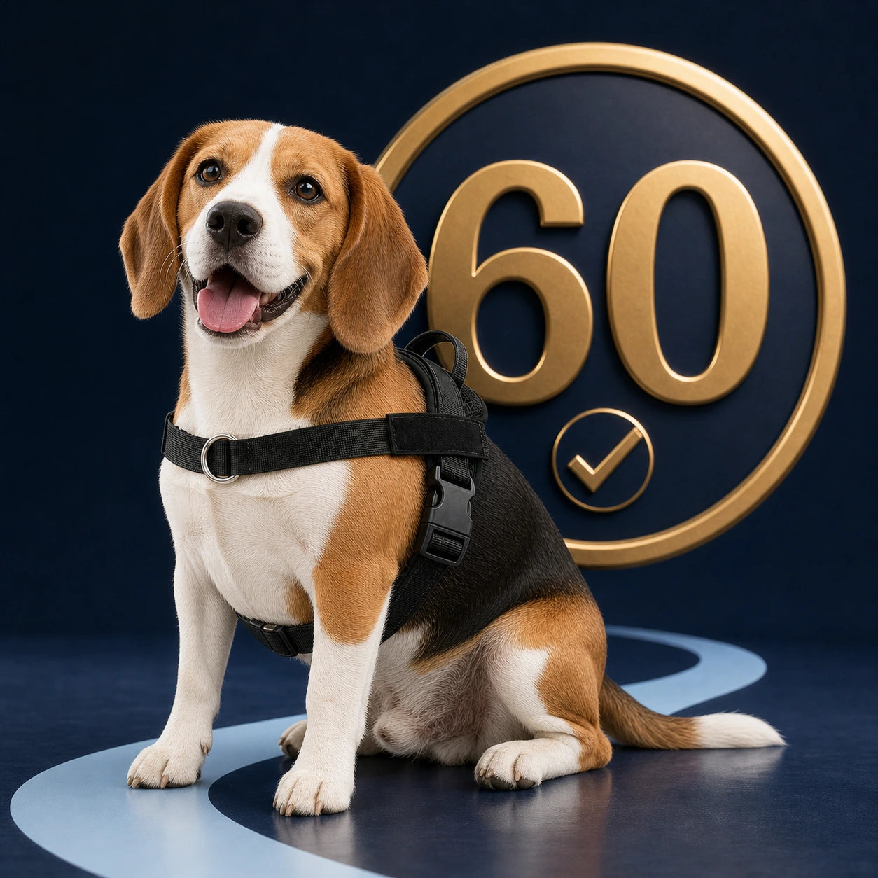 Beagle in a black SafeWalk harness in front of a gold 60-day guarantee badge