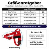 SafeWalk Größenratgeber: XS 2–6 kg, S 6,5–11 kg, M 11,5–20 kg, L 20,5–33,5 kg, XL 34–60 kg. Kostenloser Größentausch in 60 Tagen.