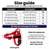 SafeWalk size guide: XS 4–13 lb, S 14–24 lb, M 25–44 lb, L 45–74 lb, XL 75–132 lb. Free size exchanges for 60 days.