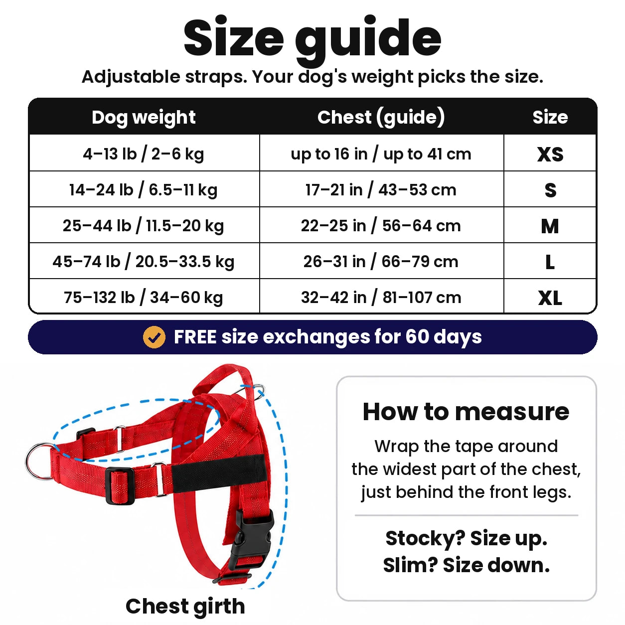 SafeWalk size guide: XS 4–13 lb, S 14–24 lb, M 25–44 lb, L 45–74 lb, XL 75–132 lb. Free size exchanges for 60 days.