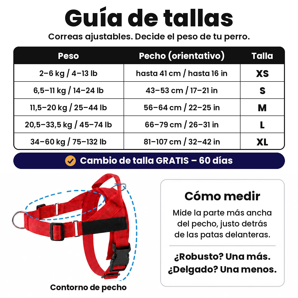 Guía de tallas SafeWalk: XS 2–6 kg, S 6,5–11 kg, M 11,5–20 kg, L 20,5–33,5 kg, XL 34–60 kg. Cambio de talla gratis en 60 días.