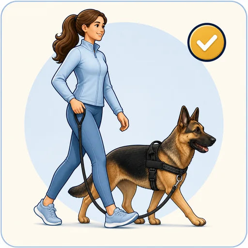 Illustration of a woman walking a German Shepherd in a black harness on a loose leash